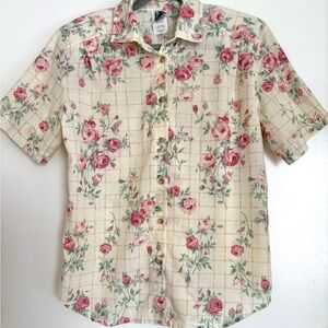Vintage Rose Gingham Button Down Women's Blouse Medium Cottagecore Grannycore